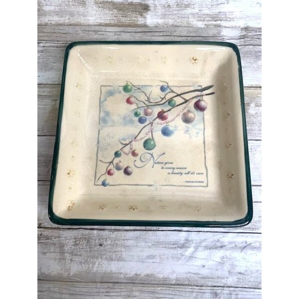 Russ Berrie 10 Inch Square Ceramic Plate with Festive Ornament Design